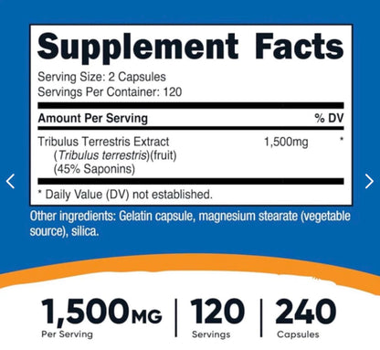 TRIBULUS TERRESTRIS 1500MG IMPORTADO 240 CÁPSULAS (RENDE 4 MESES)